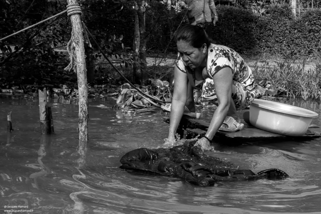 Femme lavant son linge dans Mékong par Jacques Hamard